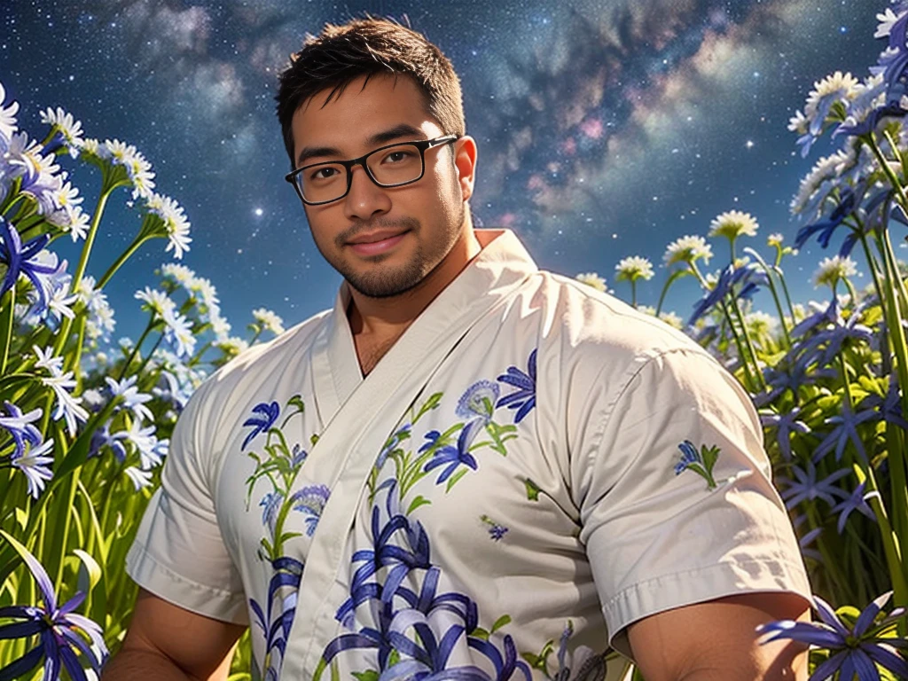 crew cut, (((full body))), mature man, [slightly fat], asian man, brown eyes, rounded face, glasses, slightly balding, (big shoulders), (((stubbles, Short beard))), (((full beard))), (Beautiful eyes:1.3), (Detailed face:1.3), cowboy shot, full shot, masterpiece,best quality,high quality,(summer yukata with short sleeves and pants with agapanthus flower print: 1.3), (stylish pose), (cool smile: 1.3), (background agapanthus flower field: 1.3), (Milky Way Night Sky: 1.3)