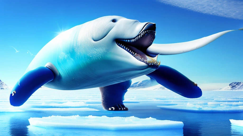 a giant flying whale, whale opening its mouth wide, polar bear on ice floe below, clear sky, ethereal, cinematic lighting, dramatic colors, hyperrealistic, 8k, extremely detailed, photorealistic, glowing ethereal whale, dramatic ice floes, cinematic composition, vibrant colors, stunning lighting, masterpiece, (best quality,4k,8k,highres,masterpiece:1.2),ultra-detailed,(realistic,photorealistic,photo-realistic:1.37)