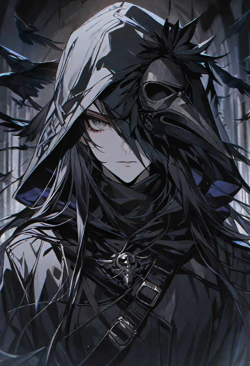 solo, handsome, 1 woman, long hair, black color hair, Gray eyes, black coat, black gloves, black plague Crow mask, Black hood, neutral expression