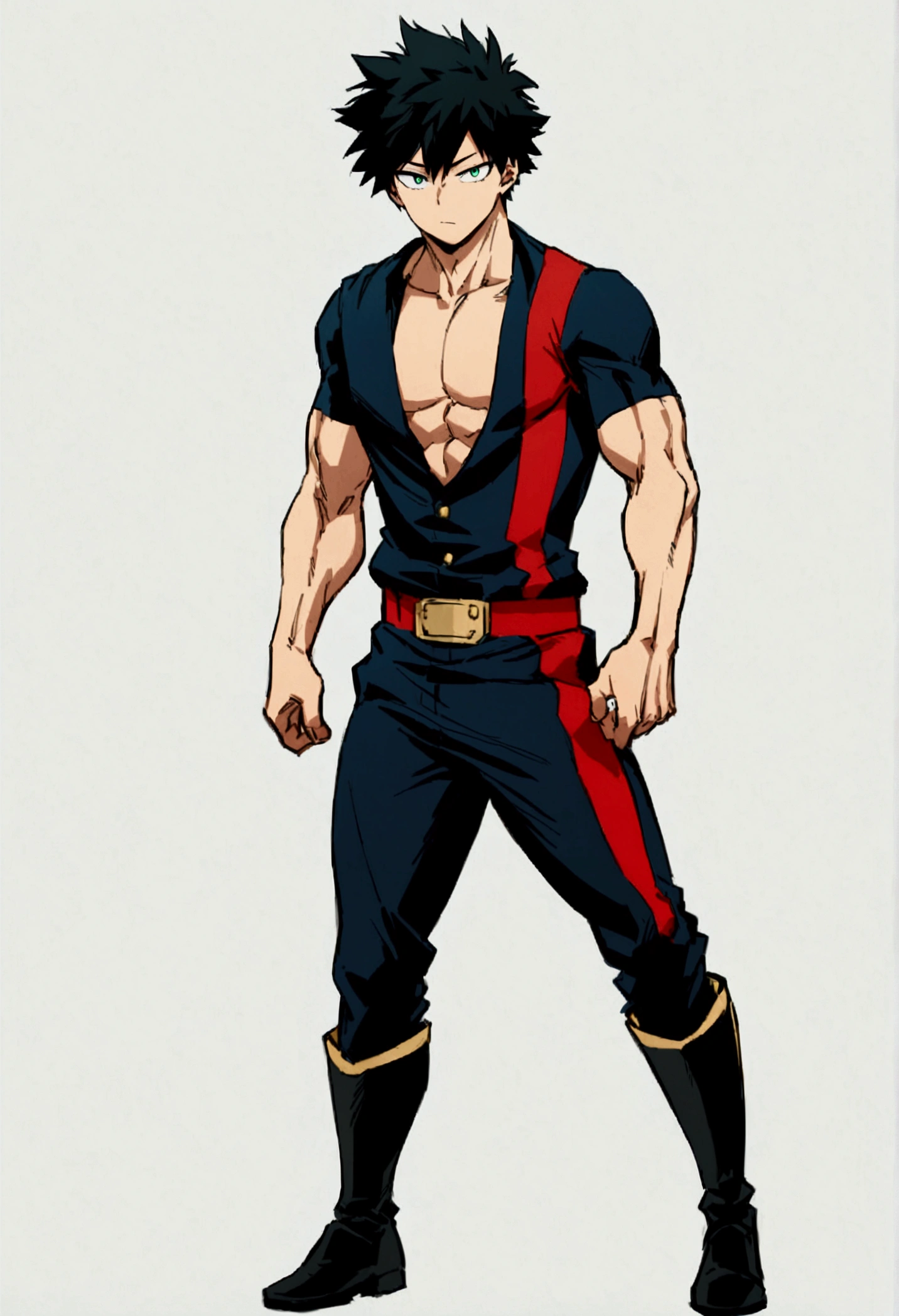 He is a , He has slightly disheveled very black hair..., somewhat light green eyes, (front angle ) , (full body), muscular body , He is dressed in the anime uniform. "my hero academia", without the shirt, just with pants