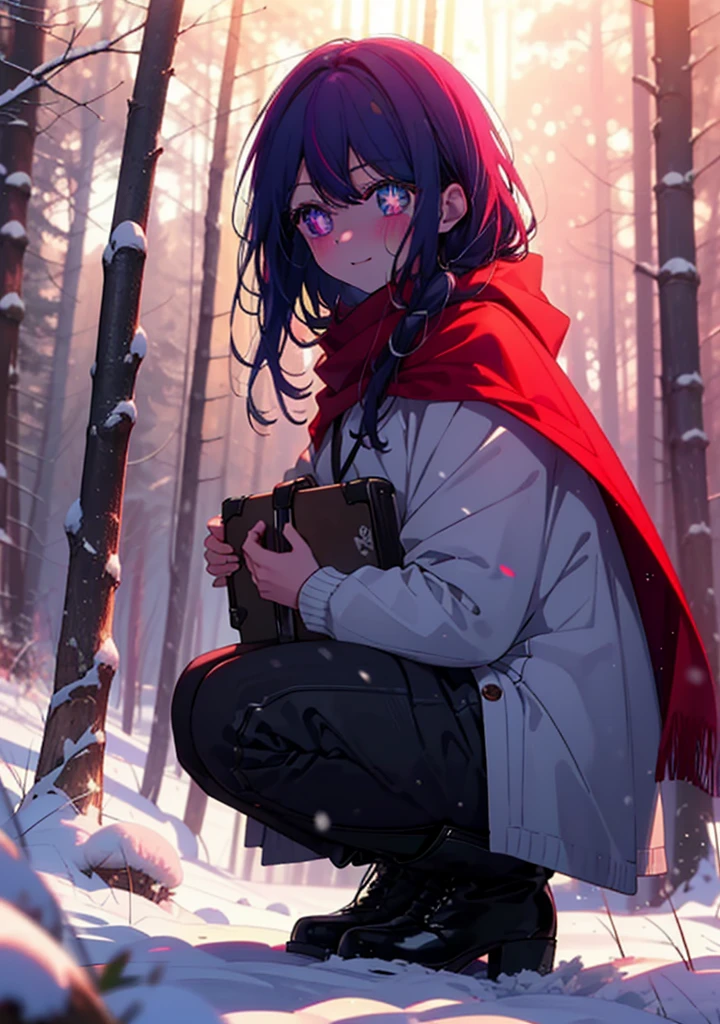aihoshino, Ai Hoshino, Long Hair, bangs, (Purple eyes:1.1), Purple Hair, (Symbol-shaped pupil:1.5), smile,,smile,blush,white breath,
Open your mouth,snow,Ground bonfire, Outdoor, boots, snowing, From the side, wood, suitcase, Cape, Blurred, , forest, White handbag, nature,  Squat, Mouth closed, Cape, winter, Written boundary depth, Black shoes, red Cape break looking at viewer, Upper Body, whole body, break Outdoor, forest, nature, break (masterpiece:1.2), Highest quality, High resolution, unity 8k wallpaper, (shape:0.8), (Beautiful and beautiful eyes:1.6), Highly detailed face, Perfect lighting, Extremely detailed CG, (Perfect hands, Perfect Anatomy),