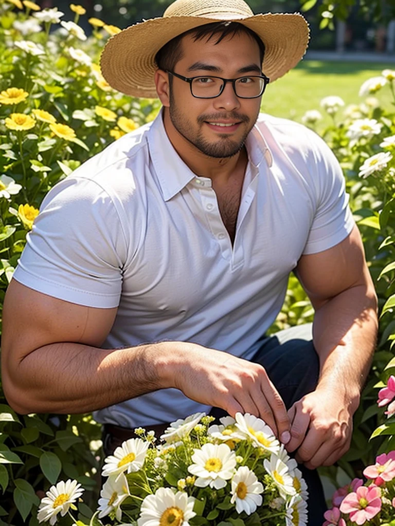 crew cut, (((full body))), mature man, [slightly fat], asian man, brown eyes, rounded face, glasses, slightly balding, (big shoulders), (((stubbles, Short beard))), (((full beard))), (Beautiful eyes:1.3), (Detailed face:1.3), cowboy shot, hold a flower bouquet, in a flower garden, white shirt and straw hat, smile, happy,