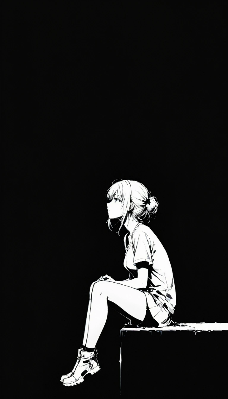 (Ashley Wood (Ashley Wood) style of:1.1),
1 Girl,Spread your knees apart,Bring your feet together,???????????????????,large areas of white space,Black_background,minimalist background,sit,At the bottom of the screen,(look up:1.5),from the side,comics,