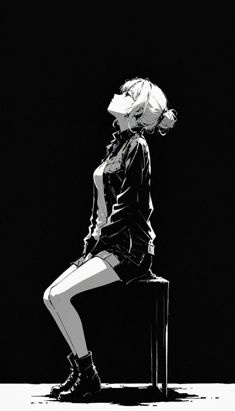 (Ashley Wood (Ashley Wood) style of:1.1),
1 Girl,Spread your knees apart,Bring your feet together,???????????????????,large areas of white space,Black_background,minimalist background,sit,At the bottom of the screen,(look up:1.5),from the side,comics,
