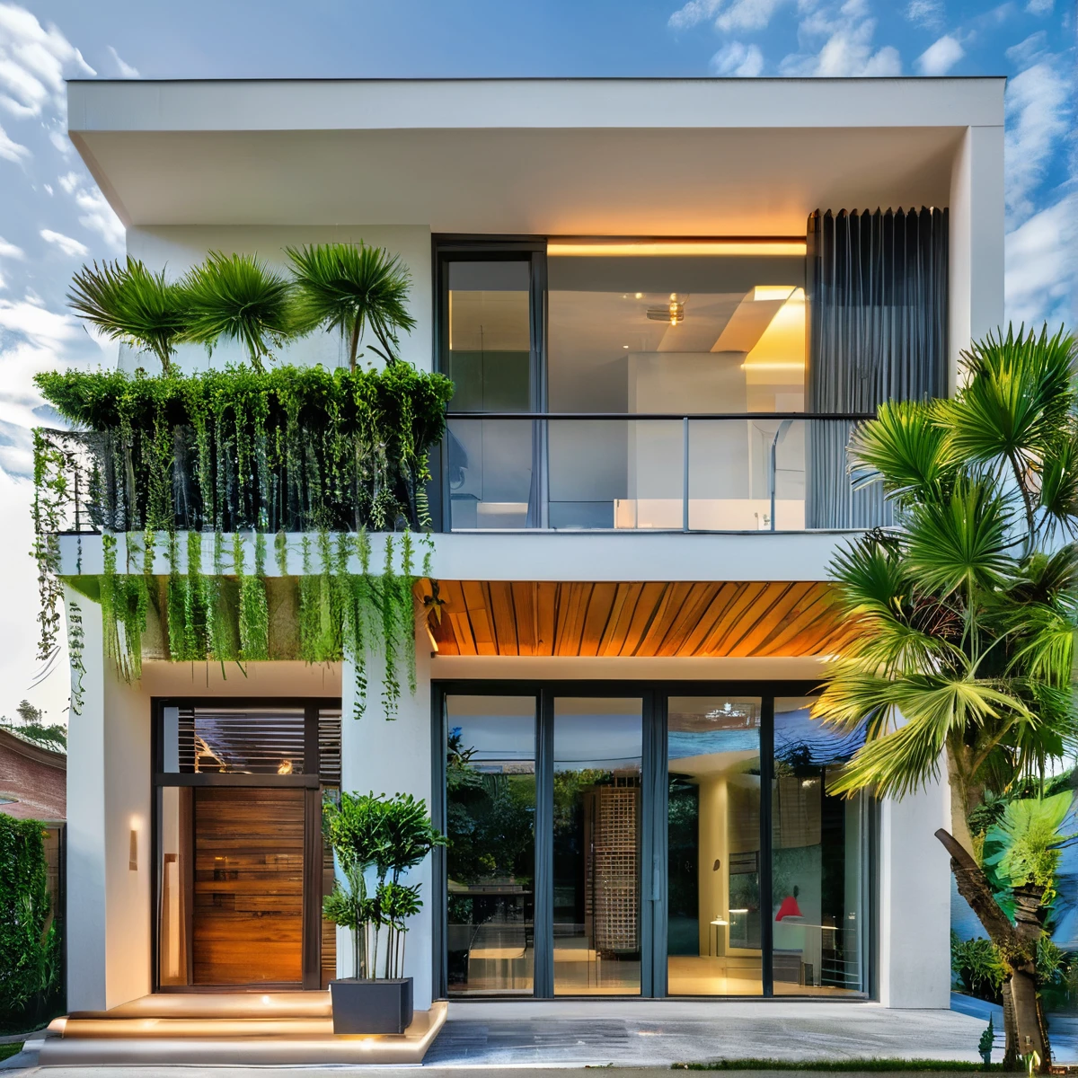 Masterpiece, high quality, best quality, authentic, super detail, outdoors, onestoreyvillaXL, aiaigroup, house style modern on the street ,stairs, white wall ,road,pavement, grass, trees, sky, cloud, (daylight:1.1)