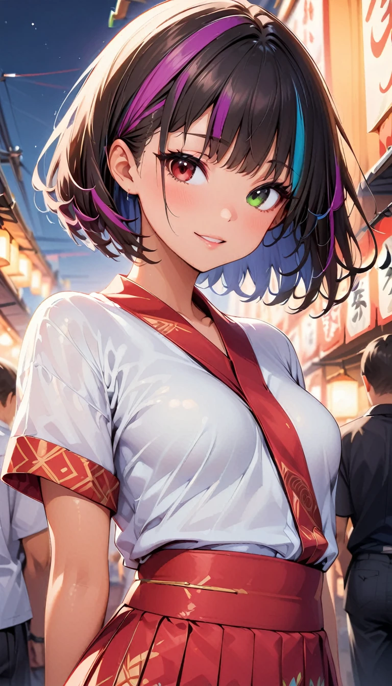 (highest quality:1.2, Very detailed, up to date, Vibrant, Ultra-high resolution, High Contrast, masterpiece:1.2, highest quality, Best aesthetics), Portraiture、girl、solo, 25-years-old, slim, , heterrochromia, green eye, red eye, traditional yukata, summer festival, bon dance, Bright colors、Beautiful fine details、Beautiful lip detail、extra short hair, ((bob cut:1.5))、pink and purple, ((streaked hair:1.9)), (highlights hair: 1.6), (small breast:1.3), (tan skin:0.7), cowboy shot:1