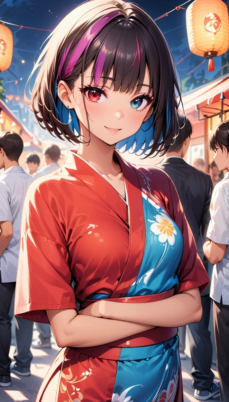(highest quality:1.2, Very detailed, up to date, Vibrant, Ultra-high resolution, High Contrast, masterpiece:1.2, highest quality, Best aesthetics), Portraiture、girl、solo, 25-years-old, slim, , heterrochromia, green eye, red eye, traditional yukata, summer festival, bon dance, Bright colors、Beautiful fine details、Beautiful lip detail、extra short hair, ((bob cut:1.5))、pink and purple, ((streaked hair:1.9)), (highlights hair: 1.6), (small breast:1.3), (tan skin:0.7), cowboy shot:1