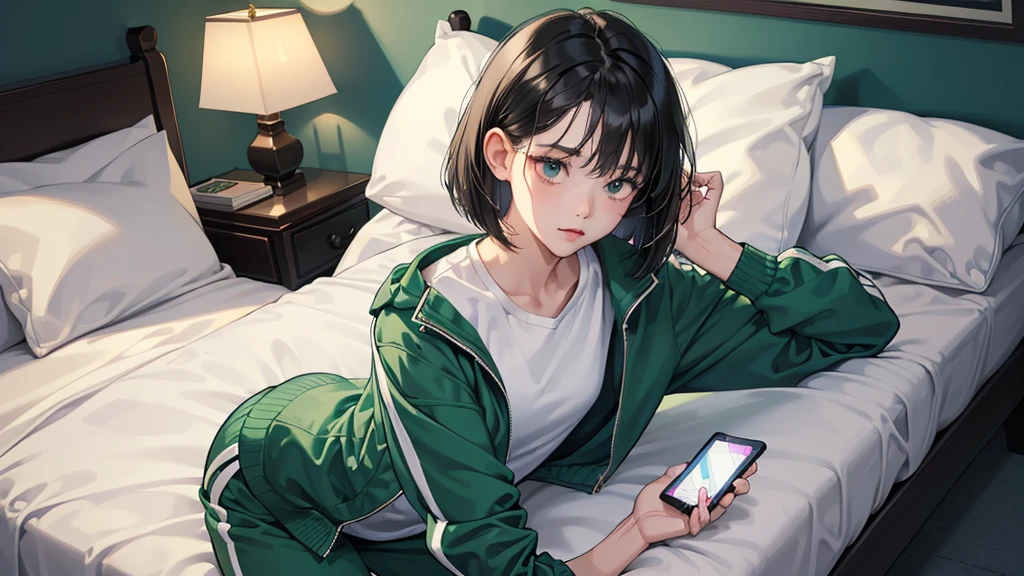 perfect anatomy:1.2)(absurdres, highres, ultra detailed),masterpiece,best quality,high resolution,8k,Realistic face,Realistic skin texture,magnified textures, stunning clarity,detailed anime girl,(ultra detailed eyes and face),(1 girl:1.5)21years old,she is office worker,,black hair, bob cut, No-makeup look,,green school track jacket,green track pants,white t-thirt,(The chest is visible)(Lying on her bed on her face down,look down smartphone,sleepy eyes,small nose,roundface,Women's Apartments in suburb,dark blue eyes.(darkness:1.5),(midnight),,(sleepy),(happy)cowboy shot,lamp,(cinematic lighting)(dimly light)