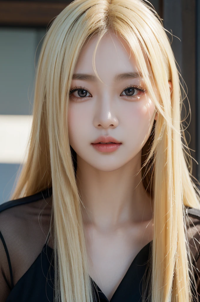 "A Korean girl with very fair skin and very long, blonde hair. Your black eyes are piercing, and your very full mouth adds a striking touch to your face. Her entire appearance conveys the feeling of being an evil girl."