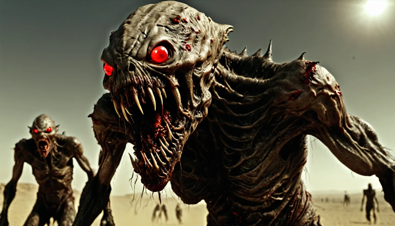 (masterpiece, best quality:1.2), in (medium full shot:3.1) of lot of 9monsters, ghoul, zombie, open mouth, sharp teeth, holes in skin, corrupted monser, from a movie for (the undead horde surges across the desert, leaving a trail of chaos and destruction in their wake. a space creature appears with red eyes glowing with an eerie light and its mouth twisted into a grotesque snarl:2.5), inspired by Zdzislaw Beksinski and Peter Gric, (with Creepy, Sci-Fi, Fantasy and Horror:2.5) retro sci fi, Horror movie, very detailed body, moody 