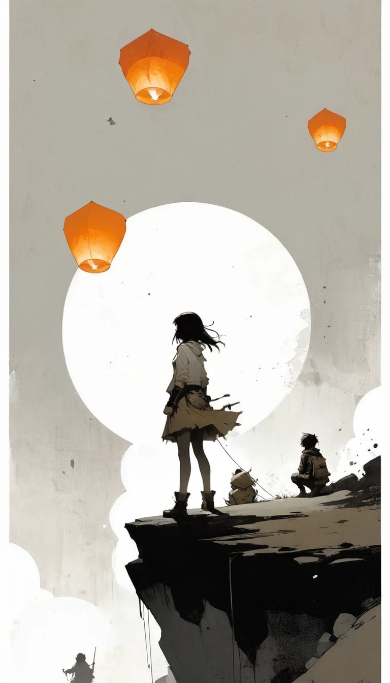 (Ashley Wood (Ashley Wood) style of:1.1), 
Girl on the cliff 1,Spread your knees apart，Bring your feet together,?,large areas of white space,sit,At the bottom of the screen,(look up:1.5),from the side,Look up,comics,，Wishing paper lanterns in the sky