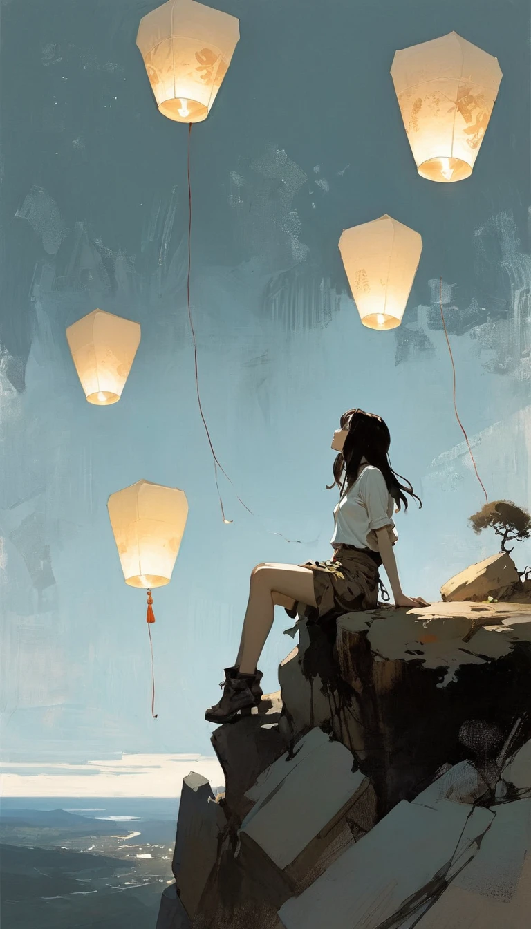 (Ashley Wood (Ashley Wood) style of:1.1), 
Girl on the cliff 1,Spread your knees apart，Bring your feet together,?,large areas of white space,sit,At the bottom of the screen,(look up:1.5),from the side,Look up,comics,，Wishing paper lanterns in the sky