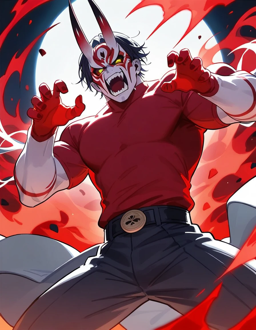 frieza and red shirt, emitting evil red aura, cinnabar, villain wearing red oni mask, official art, red aura, threatening pose, crimson red aura, badass anime 8k, an epic anime of a man energy, transforming into his form ending, menacing look, official art