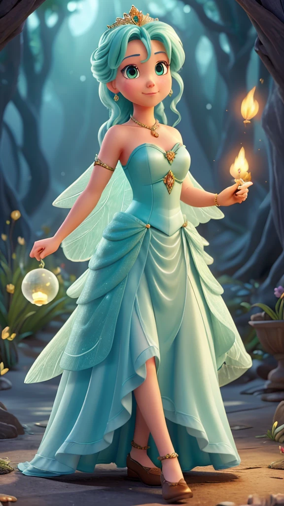 Can you create a cover for my fanfic?, my character will be a fairy, the queen of fairies like tinker bell, But your appearance will be like Queen Tara from The Lost Kingdom, and she will live a forbidden love with the lord of winter milori. My protagonist's skin is brunette and her eyes are very bright amber, her dress is green above and below is white, wavy like the petulas of a flower. Milori is very white and has dark blue eyes, his hair is white and he wears light blue clothes and his wings are covered by a light blue cloak that rests on his shoulder..I want her to be on the cover with her back turned and Milori is right behind her looking at her. I want them to have fairy characteristics, like the pointier ear the thin face ok?