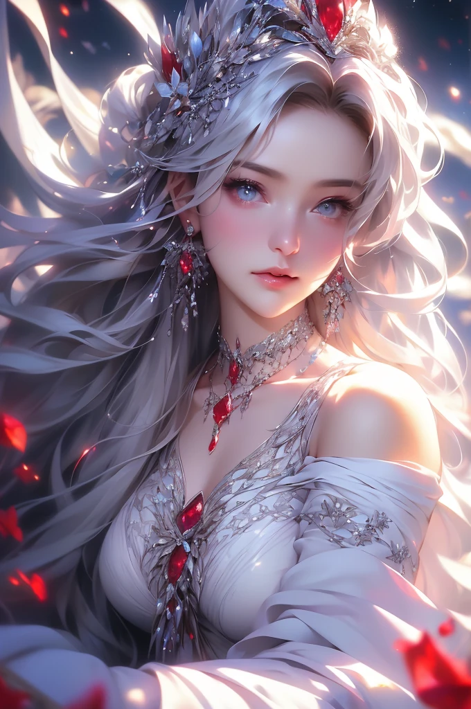 (masterpiece:1.5, Highest quality, Very detailed、 Dutch Angle、Semi-realistic、Fantasy)(One Girl, alone)(White and beautiful hair:1.4,,Straight Long Hair)(White based dress、Fantasyの衣装)、((Off the shoulder、Mid-chest、ruby necklace))(Beautiful 、Legs wrapped in tights)(Beautiful starry sky、Mystical Night、Particles of light float around the woman、Fantasy space) Waiting to start