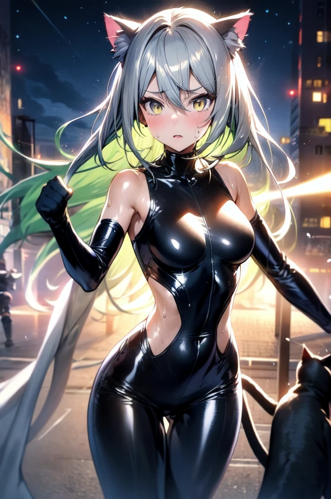 A silver-haired beautiful girl with cat ears eyes are green hair is silver and long clothes: a form-fitting black combat suit The fist is an afterimage The background is a city at night her is in a cat-like fighting pose The year is 14 years monitor, Dark Night, Sweat, Steam of Exhalation, Space, Battle, Dynamic Angle one girl