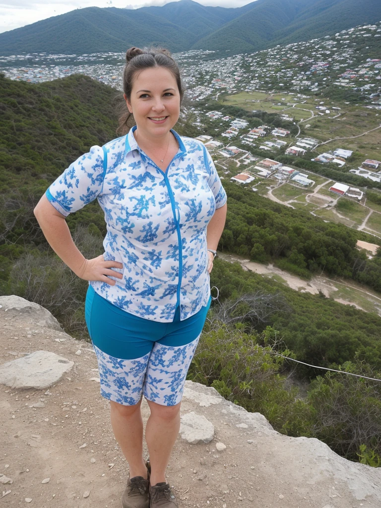 her name is Annette, high quality, ((mature)), ((white pale skin)), 1girl, ((40-year-old chubby Swiss woman)), ((40 years old)), ((chubby)), ((brunette)), pose: standing, wearing stylish blue (((wearing light printed attire for hiking))), ((BACKGROUND: overlooking Offers hiking trails in Naica, Mexico)), random pose, messy bun hair