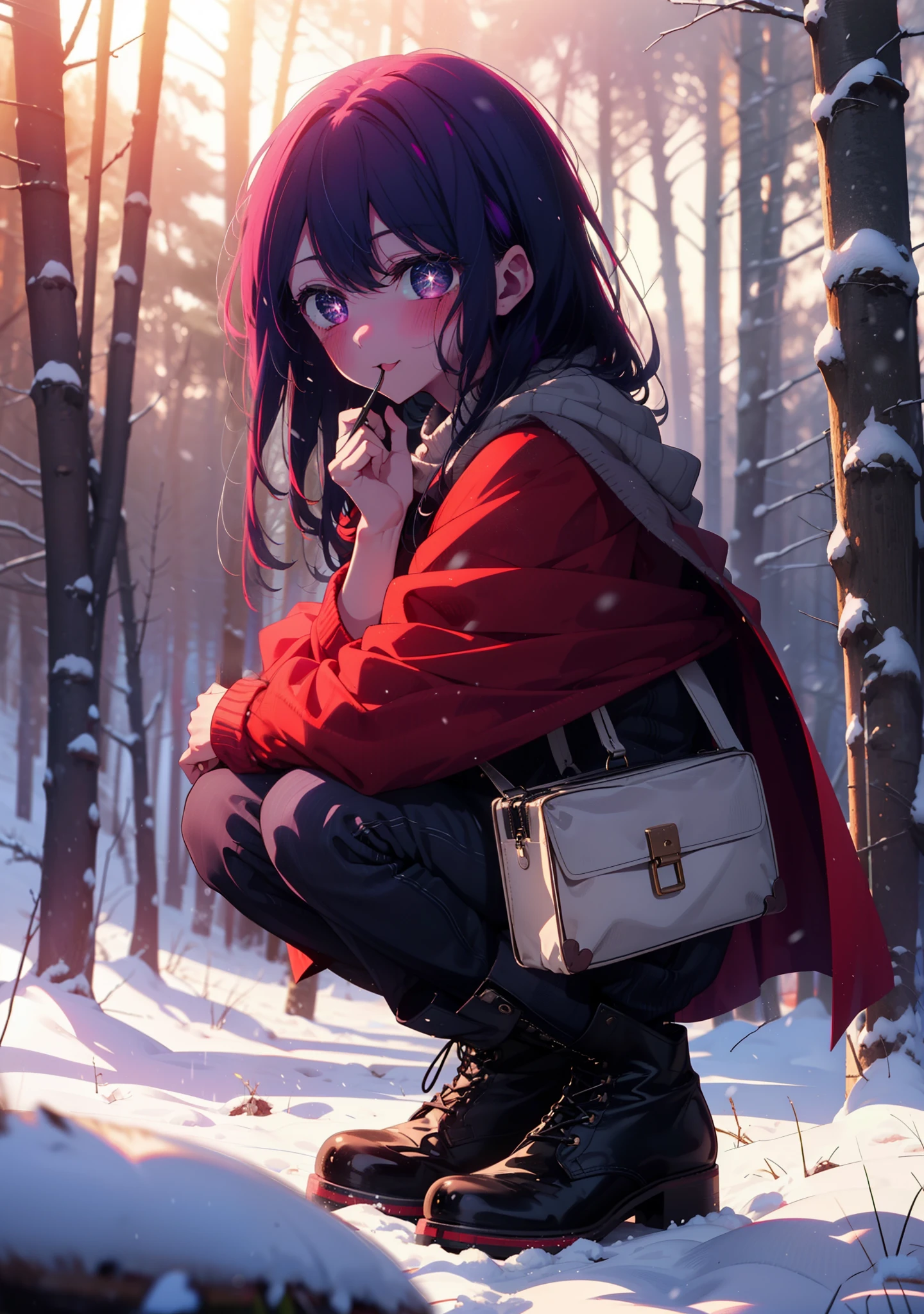 aihoshino, Ai Hoshino, Long Hair, bangs, (Purple eyes:1.1), Purple Hair, (Symbol-shaped pupil:1.5), smile,,smile,blush,white breath,
Open your mouth,snow,Ground bonfire, Outdoor, boots, snowing, From the side, wood, suitcase, Cape, Blurred, , forest, White handbag, nature, Squat, Mouth closed, Cape, winter, Written boundary depth, Black shoes, red Cape break looking at viewer, Upper Body, whole body, break Outdoor, forest, nature, break (masterpiece:1.2), Highest quality, High resolution, unity 8k wallpaper, (shape:0.8), (Beautiful and beautiful eyes:1.6), Highly detailed face, Perfect lighting, Extremely detailed CG, (Perfect hands, Perfect Anatomy),