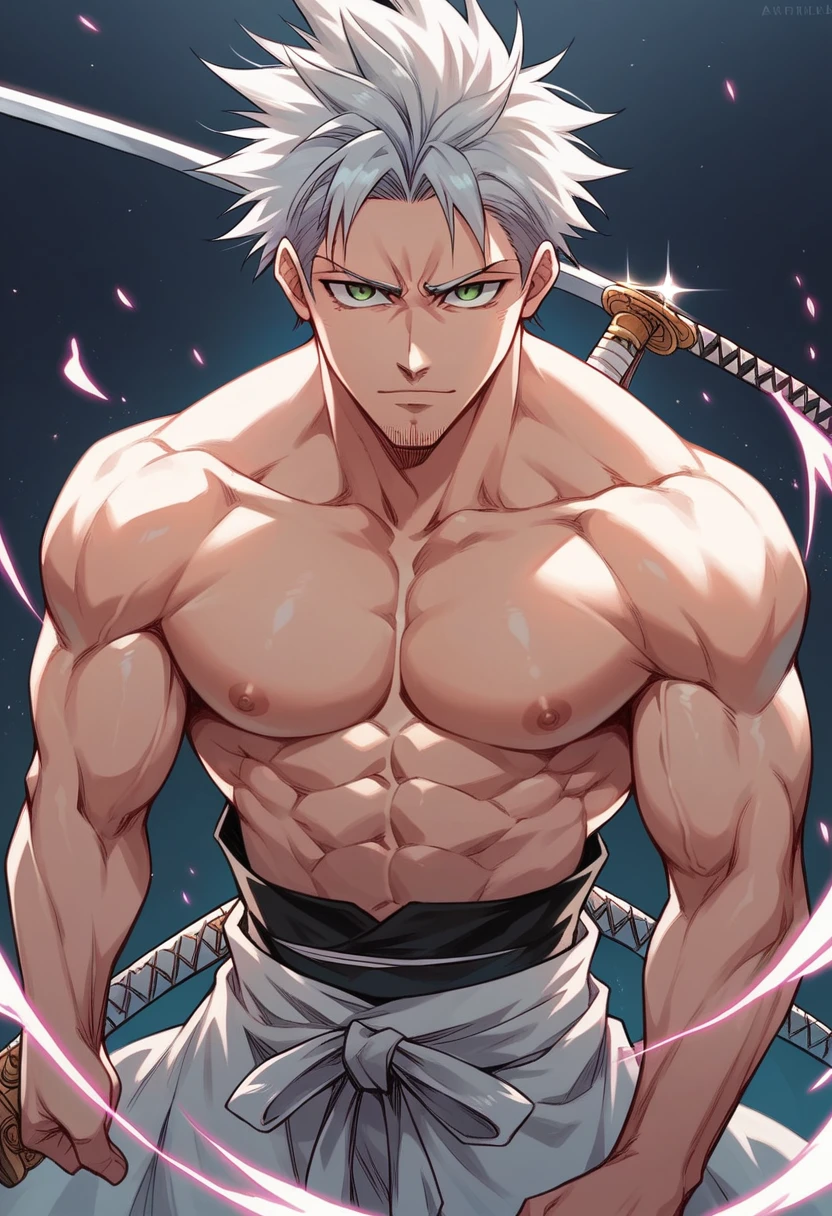 1 men, bonitas, spiky white hair, vibrant green eyes, slim muscles, アニメ, 19yearsold, 19 years, a small goatee,  Shinigami, bleach, double katana