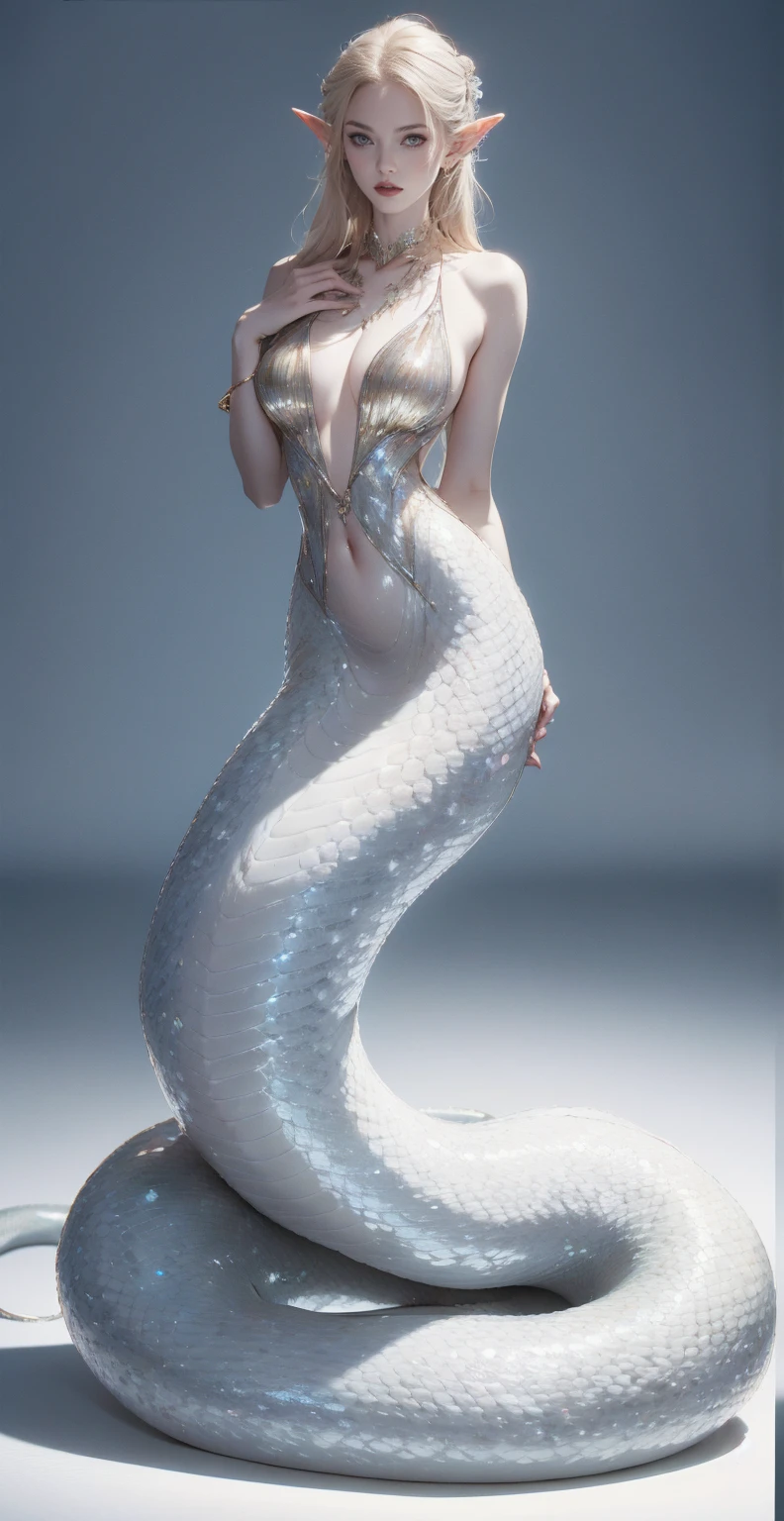 （（masterpiece，best quality，Ultra-clear，original photo，Extremely detailed CG，8K）），Lamia，（Slender long snake tail：1.3），Beautiful elf girl，Long hair，Exquisite eyes，Delicate face，Detailed hands，Smooth and delicate skin，Radiant Skin，（Big breasts，Thin waist），Glittering snake scales，（fine：1.2），high resolution，（Very detailed：1.4），（lifelike：1.2），transparent，fantasy，full-body shot