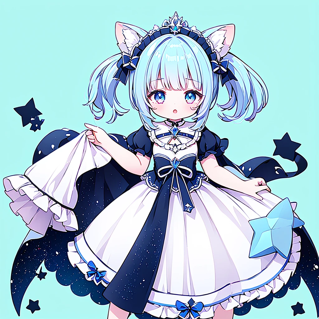 1girl、Star Fairy、Star incarnation、Character design front view、A picture facing the viewer、(((Super detailed、Highest quality、Masterpiece)))、Original cute hairstyle、Milky white and blue hair color、Simple Green Background、vtuber-fullbody,Black goth 、Gothic、