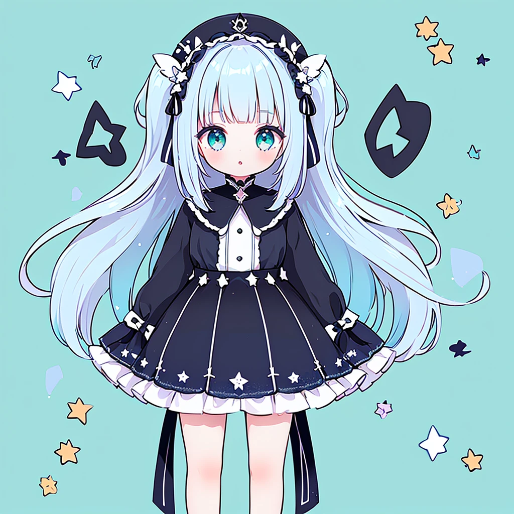 1girl、Star Fairy、Star incarnation、Character design front view、A picture facing the viewer、(((Super detailed、Highest quality、Masterpiece)))、Original cute hairstyle、Milky white and blue hair color、Simple Green Background、vtuber-fullbody,Black goth 、Gothic、