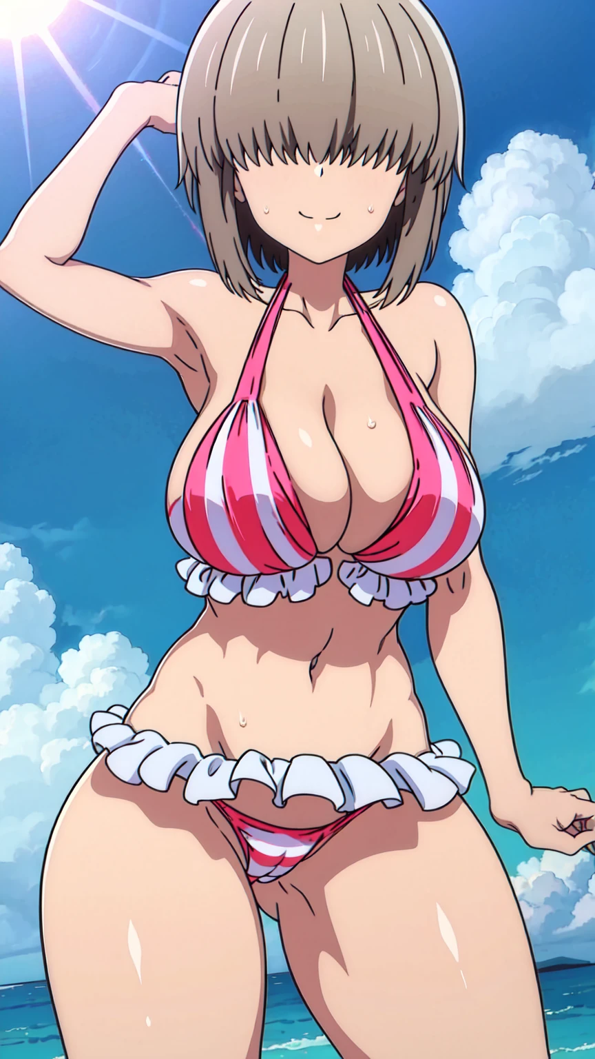 1girl, solo, smile, yanagi, short hair, bangs, grey hair, hair over eyes, side lock, long bangs, covered eyes, large breasts, looking at viewer, outdoors,(striped bikini), ,looking at the viewer, blue theme, blue background, cloudy sky, sunlight, sweat, orgasmic, bikini swimsuit, large breasts, cleavage, belly button exposed, collarbone, thighs, sea and beach,