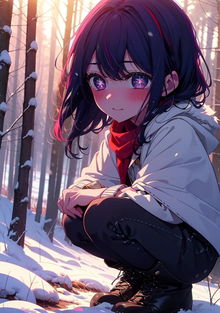 aihoshino, Ai Hoshino, Long Hair, bangs, (Purple eyes:1.1), Purple Hair, (Symbol-shaped pupil:1.5), smile,,smile,blush,white breath,
Open your mouth,snow,Ground bonfire, Outdoor, boots, snowing, From the side, wood, suitcase, Cape, Blurred, , forest, White handbag, nature,  Squat, Mouth closed, Cape, winter, Written boundary depth, Black shoes, red Cape break looking at viewer, Upper Body, whole body, break Outdoor, forest, nature, break (masterpiece:1.2), Highest quality, High resolution, unity 8k wallpaper, (shape:0.8), (Beautiful and beautiful eyes:1.6), Highly detailed face, Perfect lighting, Extremely detailed CG, (Perfect hands, Perfect Anatomy),