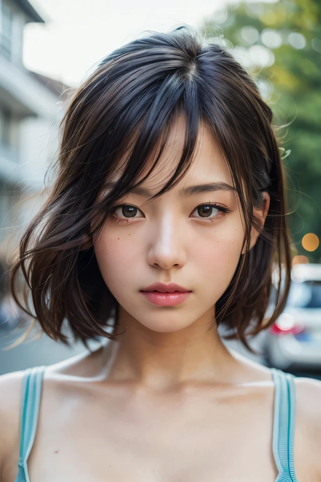 (masterpiece: 1.3), (8K, Realistic, RAW Photos, Highest quality: 1.4), Japanese schoolgirl, (Random hairstyle: 1.2), Micro Bikini: 1.2, Highly detailed face, Eye on the details, double eyelid, tilt one&#39;s chest forward, Sharp focus: 1.2, Cute Woman: 1.4, Light brown hair, Highest quality, masterpiece, Ultra-high resolution, (Realistic:1.4), Highly detailed and professionally lit smiles, Playground Background, Athlete Stretching, tight white crop top, Light blue racing shorts, Shiny sweat, Baby Face, thin, Serious expression, short hair, Strong thighs, thin eyes, 引き締まったthinウエスト