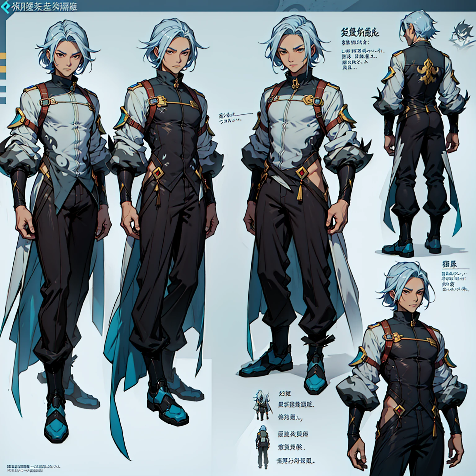 Close-up of a man in a grey suit, ((キャラクターConcept Art)), ((Character design sheet, same characters, front, ~ side, return)) maple story character art, Video Game Character Design, Video Game Character Design, Gray suit, blue hair, 専門家による高精細Concept Art, Interesting character design, Lucio as a man, Gravity Rush inspiration, sticky tar. Concept Art,