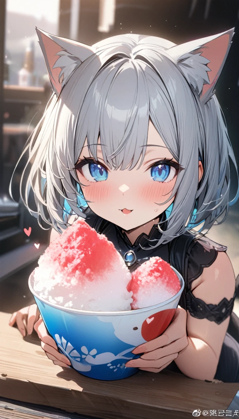 1girl、chibi、(((best quality)), ((masterpiece)), (details), masterpiece, best quality, high quality, ulutra detailed, perfect face, ((1girl, Blue eyes, cat ears: 1.3 silver bob hair: 2.5,)) 、Eat a shaved ice bigger than yourself、Sparkling effect、Heart effect