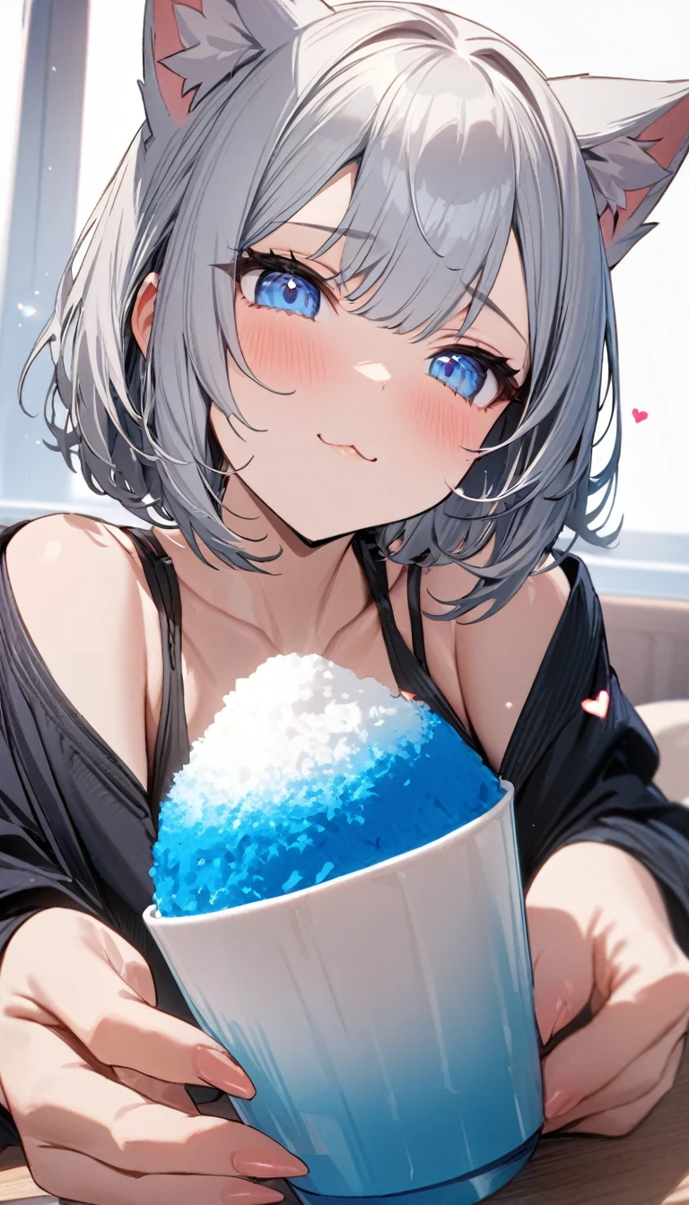 1girl、chibi、(((best quality)), ((masterpiece)), (details), masterpiece, best quality, high quality, ulutra detailed, perfect face, ((1girl, Blue eyes, cat ears: 1.3 silver bob hair: 2.5,)) 、Eat a shaved ice bigger than yourself、Sparkling effect、Heart effect