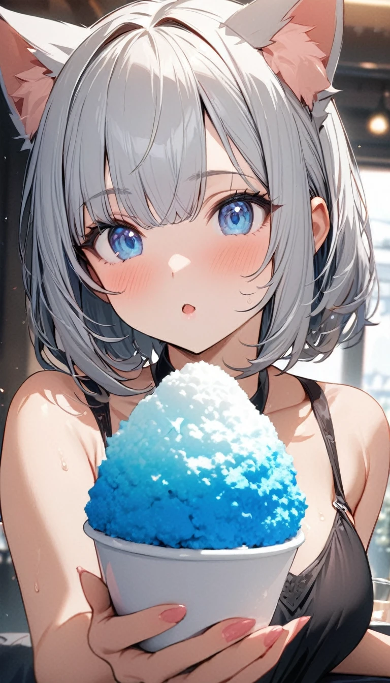 1girl、chibi、(((best quality)), ((masterpiece)), (details), masterpiece, best quality, high quality, ulutra detailed, perfect face, ((1girl, Blue eyes, cat ears: 1.3 silver bob hair: 2.5,)) 、Eat a shaved ice bigger than yourself、Sparkling effect、Heart effect