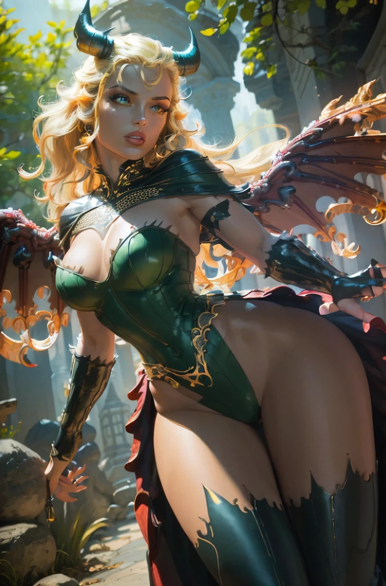 Standing wearing a full colorful dress that covers her thighs BLONDE A female blonde succubus with bat wings tipped with claws, with mesmerizing feature masterpiece, top quality, best quality, official art, beautiful and aesthetic:1.2), (1girl), extreme detailed,(fractal art:1.3), colorful, highest detailed, (masterpiece, best quality:1.3) 1 bright-amber, blue, green cat like-eyes, professional digital painting, Unreal Engine 5. wearing a dress, matching thin belt with a high waist thick heeled full covered shoes, oxfords, Seductive Hopeful expression, finely detailed eyes, happy mood, Wearing a full coverage blouse, epic scene, epic composition, Cinematic Lighting, Volumetric Lighting, ethereal light, intricate details, extremely detailed volumetric rays. oil painting, Detailed facial features, Sunlight, bright colors, dramatic lighting, expressive eyes and lips, High Resolution, 4K quality, Photorealistic