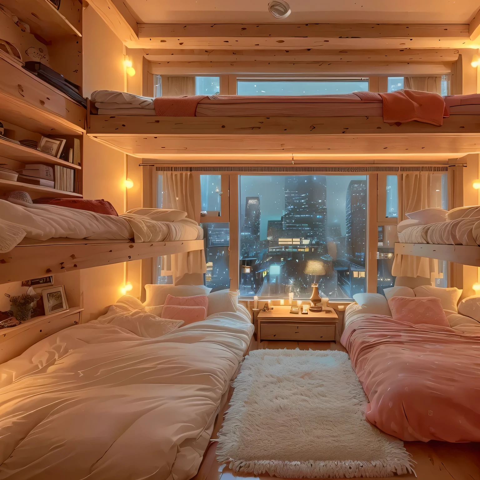 a dimly lit room with a lot of beds and a window, cozy room, cozy place, cozy and peaceful atmosphere, cozy lights, inside a cozy apartment, designed for cozy aesthetics!, cozy environment, brightly lit room, cozy and calm, cozy lighting, lit windows, cozy aesthetic, cozy bed, comfy lighting, cosy vibes, very cozy, comfy ambience