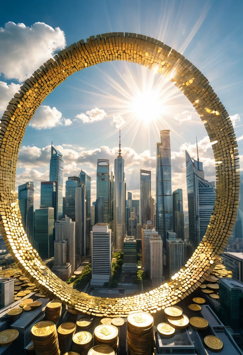 Panoramic view of a modern city with skyscrapers. In the sky, clouds open, forming a kind of circular portal. From this portal, golden coins and banknotes fall in a cascade. Sunlight shines through the opening, creating a dramatic effect of golden rays over the city.