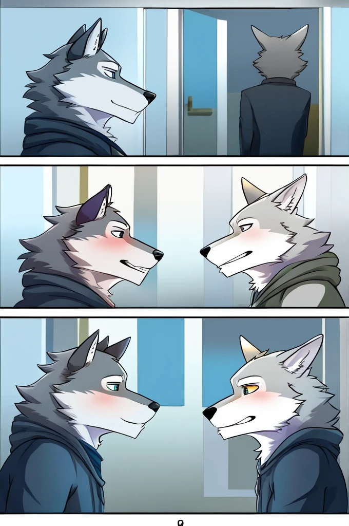2 wolves looking blushingly at each other, one with a gray coat and the other with white skin in a comic image without the shirt