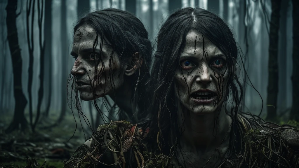 a possessed person covered in fungi, transforming into a zombie with rpg-style roots, cinematic flame trailer, 4k, detailed portrait, dramatic lighting, dark fantasy, horror, gritty, visceral, intense expression, glowing eyes, decaying skin, twisted limbs, overgrown roots, moody atmosphere, dramatic shadows, cinematic composition, photorealistic, masterpiece