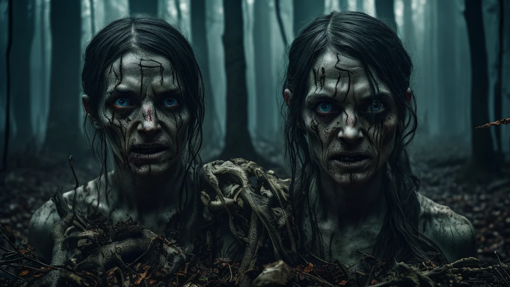 a possessed person covered in fungi, transforming into a zombie with rpg-style roots, cinematic flame trailer, 4k, detailed portrait, dramatic lighting, dark fantasy, horror, gritty, visceral, intense expression, glowing eyes, decaying skin, twisted limbs, overgrown roots, moody atmosphere, dramatic shadows, cinematic composition, photorealistic, masterpiece