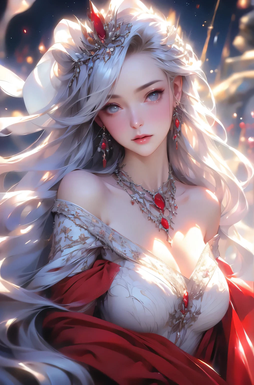(masterpiece:1.5, Highest quality, Very detailed、 Dutch Angle、Semi-realistic、Fantasy)(One Girl, alone)(White and beautiful hair:1.4,,Straight Long Hair)(White based dress、Fantasy Costume)、((Off the shoulder、Mid-chest、ruby necklace))(Beautiful cleavage、Legs wrapped in tights)(Beautiful starry sky、Mystical Night、Particles of light float around the woman、Fantasy space) Waiting to start