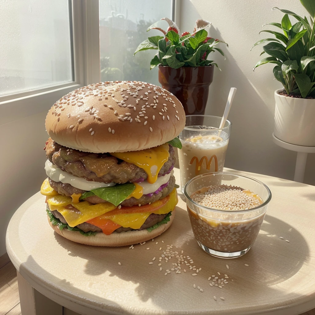 A photorealistic image of a McDonald's cheeseburger with sesame seeds and a fiordilatte sundae in a glass bowl, arranged on a pristine white table. Sunlight streams through a window, casting soft shadows.