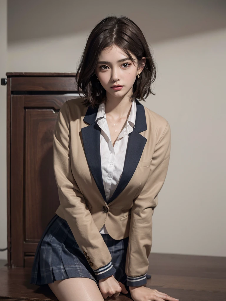 absurdres, RAW photo, extremely delicate and beautiful, masterpiece, Best Quality, ultra high resolution, 16k, hyperrealistic, ultra-detailed, perfect anatomy, super Detailed skin, perfect figure, Very detailed CG 8k wallpaper, in her 20s, very Slim body, narrow waist, very small head, very small face, delicate facial features, tearful mole, earring, thin legs, (very huge round breasts), full body shot, short hair, (wavy hair), (light brown hair), (wet clothes), ((school uniform)), (blazer),
