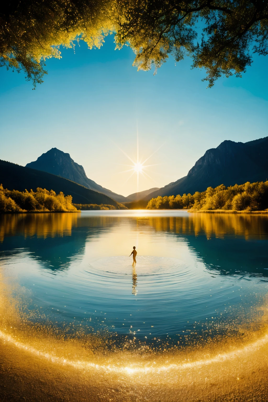 A landscape and two magical figures emerge from the water, surrounded by golden sparkles.