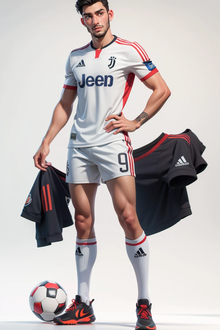 RAW photo,8k uhd,masterpiece, (photorealistic:1.4), best quality, beautiful lighting, 3D Art, C4D, OC render, 35mm lens, f/1.8, looking at viewer, Juventus Kenan Yıldız, (full body:1.5),a man, professional soccer player, sports shorts, soccer socks, soccer shoes, soccer ball, man model standing pose, lively, handsome, (white background:1.5)