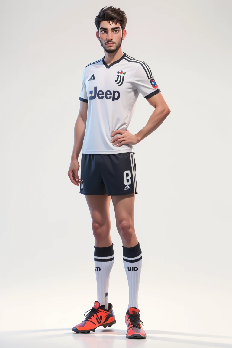 RAW photo,8k uhd,masterpiece, (photorealistic:1.4), best quality, beautiful lighting, 3D Art, C4D, OC render, 35mm lens, f/1.8, looking at viewer, Juventus Kenan Yıldız, (full body:1.5),a man, professional soccer player, sports shorts, soccer socks, soccer shoes, soccer ball, man model standing pose, lively, handsome, (white background:1.5)