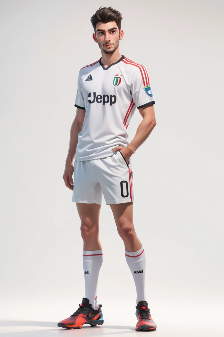 RAW photo,8k uhd,masterpiece, (photorealistic:1.4), best quality, beautiful lighting, 3D Art, C4D, OC render, 35mm lens, f/1.8, looking at viewer, Juventus Kenan Yıldız, (full body:1.5),a man, professional soccer player, sports shorts, soccer socks, soccer shoes, soccer ball, man model standing pose, lively, handsome, (white background:1.5)