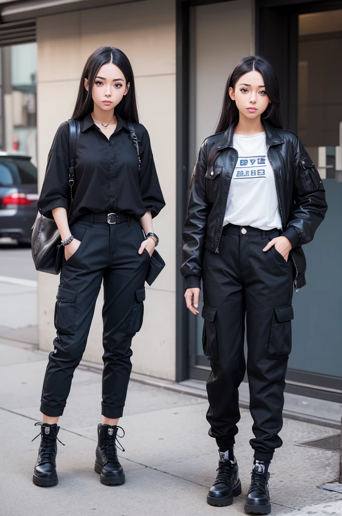 make me a female character from the anime Tokyo Revengers with light skin, blue colored eyes, long hair, smooth and black, dressed in black cargo pants, short strap blouse and all star on the feet