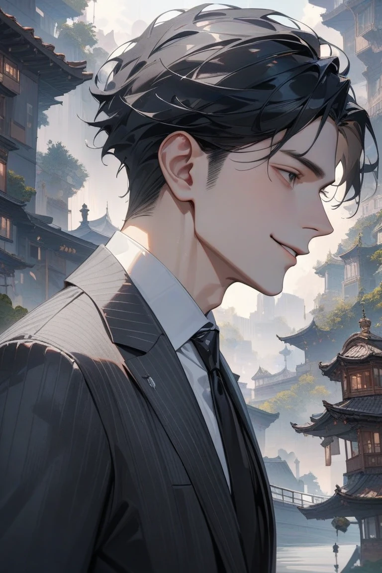 A handsome man with short black hair is wearing a charcoal gray suit. He has a kind and sincere smile., Surrealism, best quality,  highres, high details, super detail,8k
