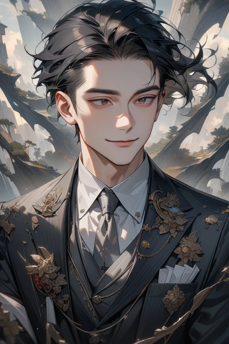 A handsome man with short black hair is wearing a charcoal gray suit. He has a kind and sincere smile., Surrealism, best quality, highres, high details, super detail,8k