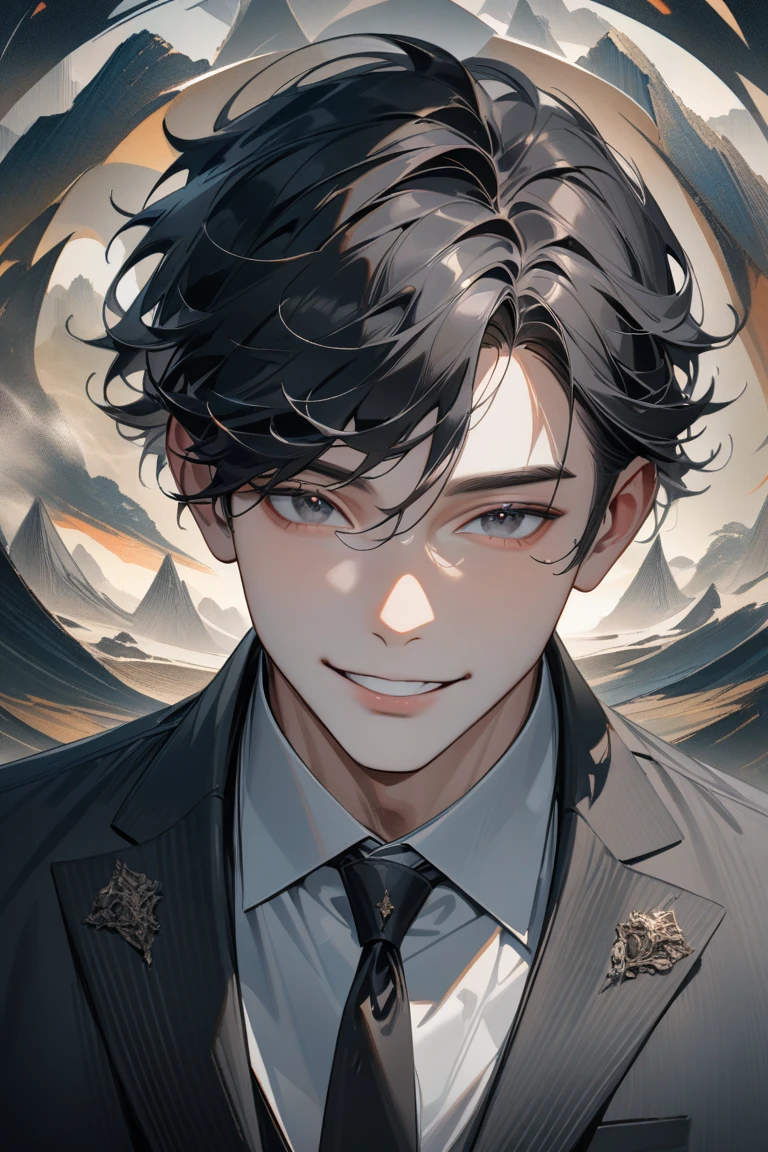 A handsome man with short black hair is wearing a charcoal gray suit. He has a kind and sincere smile., Surrealism, best quality,  highres, high details, super detail,8k
